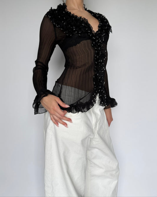 Sheer Beaded Long Sleeve Top - S/M